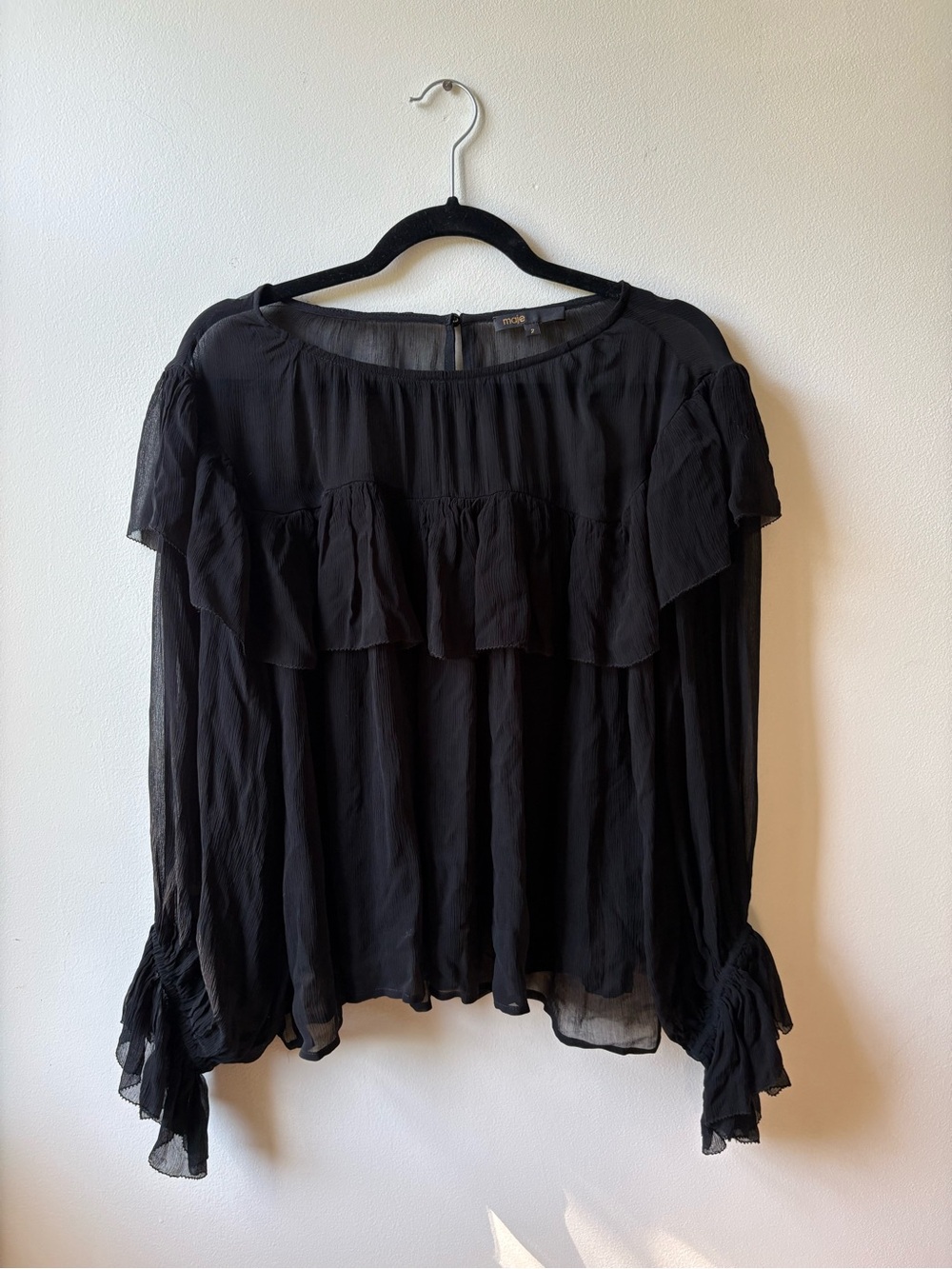 Maje Semi Sheer Black Ruffle Long-Sleeve Blouse